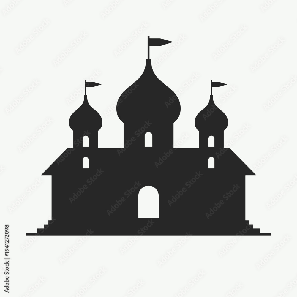 Obraz premium Silhouette of a castle with domes and flags, representing architectural design and cultural landmarks. Useful for themes related to heritage, history, or tourism.