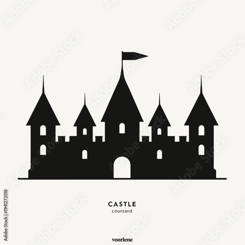 Silhouette of a castle with towers and flag. Represents themes of medieval architecture, storytelling, or fairy tales, useful for designs or illustrations related to fantasy settings.