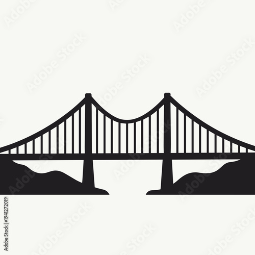 Black silhouette of a suspension bridge spanning across two mountains. This design represents engineering marvels, transport infrastructure, and urban landscapes.