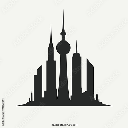 Silhouette of modern city skyline featuring skyscrapers and towers, representing urban architecture and contemporary design. Useful for articles on urban living and city planning.