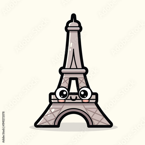 A cartoon depiction of a famous tower with a friendly face, blush, and exaggerated features, set against a neutral cream backdrop