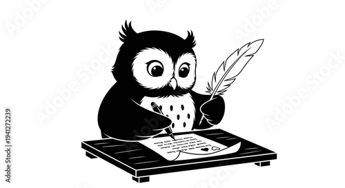 Cute Owl Writing with Feather Pen on Paper, Black and White Illustration