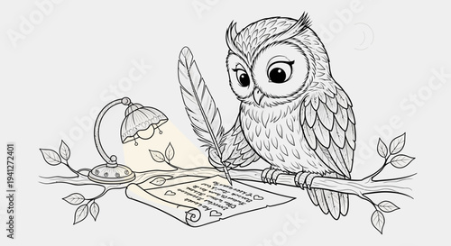 Cute Owl Writing with Feather Pen on Scroll Under Lamp
