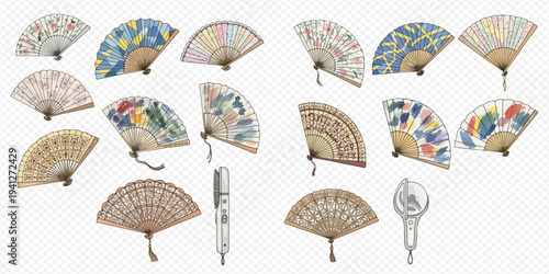 Collection of Hand-Drawn Japanese Folding Fans with Intricate Patterns and Designs.