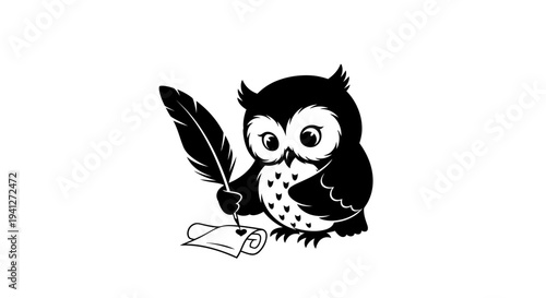 Cute Owl Writing with Quill Pen on Scroll, Symbol of Wisdom and Knowledge