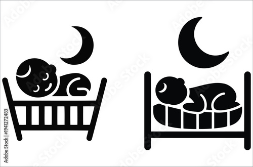 Baby Sleeping in Crib with Moon Above. Flat Vector Design for Kids Illustration, Bedtime Routine and Stock Icon Concept