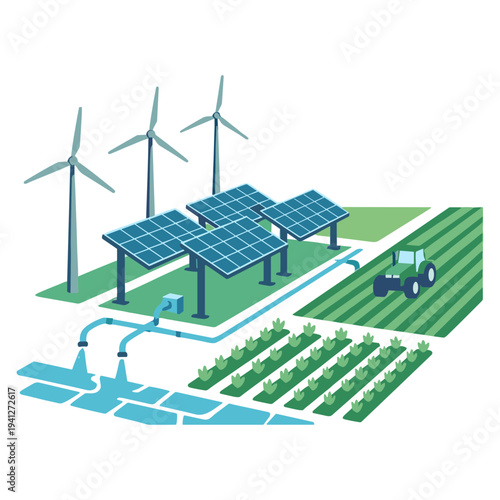 Renewable energy sources power irrigation system for crops on farm with tractor