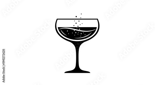 Elegant Cocktail Glass with Bubbles and Dark Liquid, Minimalist Black and White Icon