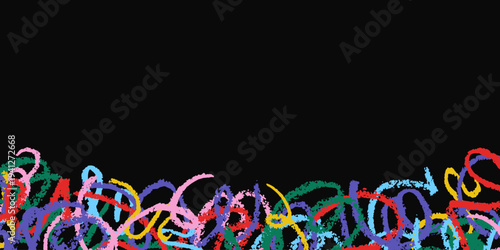 Border of vibrant multicolored crayon scribbles with hand drawn chalk texture isolated on black background. Abstract naive kids drawing design element vector illustration
