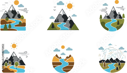 Set of 6 mountain landscape icons vector