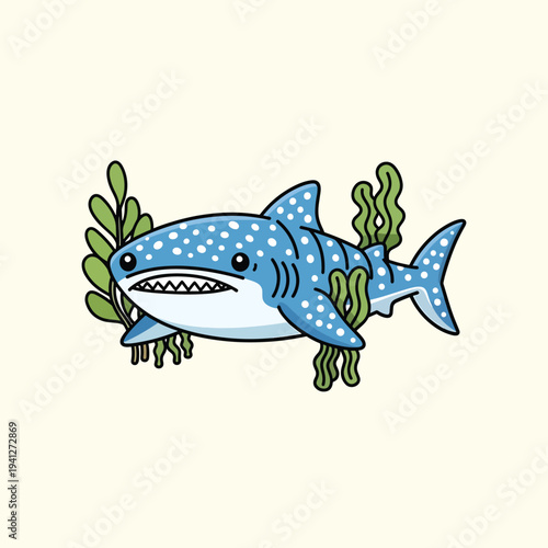 A cartoon depiction of a spotted blue shark swims through green seaweed against a pale yellow backdrop