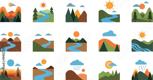 Set of 20 landscape icons vector, nature scenery illustrations