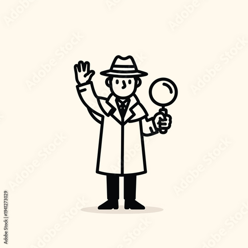 A cartoon detective with a trench coat, holding a magnifying glass, and waving, on a light background