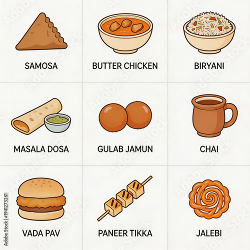 Indian Food Icon Set - 9 Flat Vector Icons Pack (Samosa, Butter Chicken, Biryani, Masala Dosa, Gulab Jamun, Chai, Vada Pav, Paneer Tikka, Jalebi)