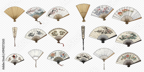 Set of traditional Asian folding fans with various artistic designs and patterns.