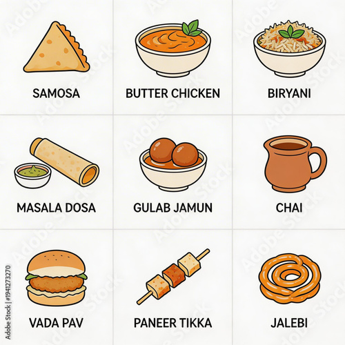 Indian Food Icon Set - 9 Flat Vector Icons Pack (Samosa, Butter Chicken, Biryani, Masala Dosa, Gulab Jamun, Chai, Vada Pav, Paneer Tikka, Jalebi)