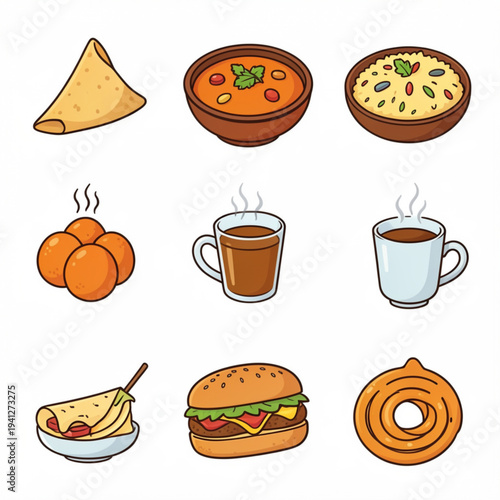 Indian Food Icon Set - 9 Flat Vector Icons Pack (Samosa, Butter Chicken, Biryani, Masala Dosa, Gulab Jamun, Chai, Vada Pav, Paneer Tikka, Jalebi)
