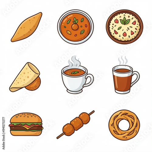 Indian Food Icon Set - 9 Flat Vector Icons Pack (Samosa, Butter Chicken, Biryani, Masala Dosa, Gulab Jamun, Chai, Vada Pav, Paneer Tikka, Jalebi)