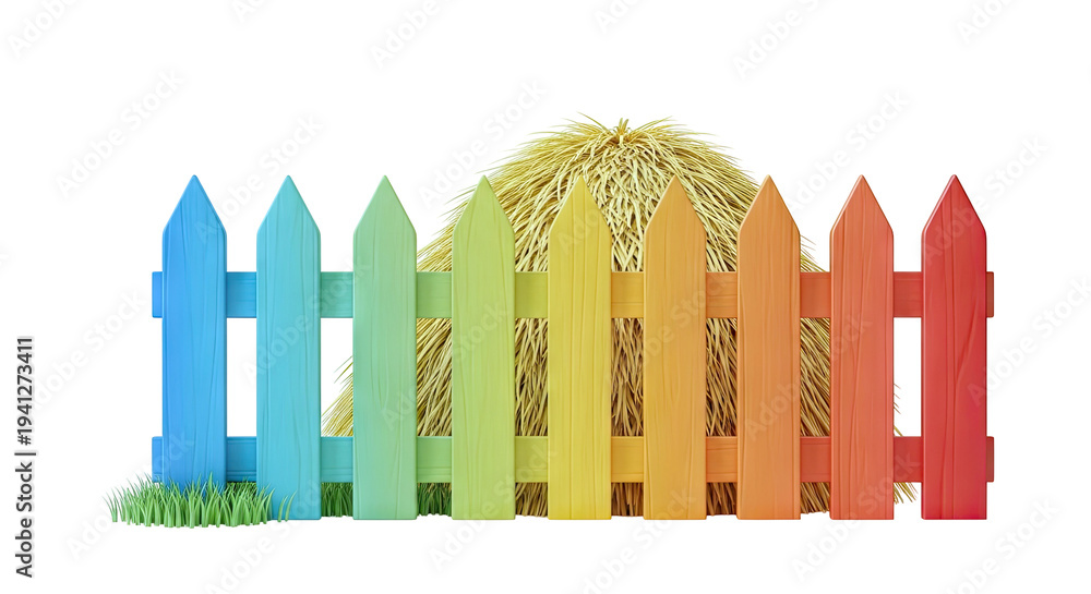 Fototapeta premium Rainbow Picket Fence and Hay Bale