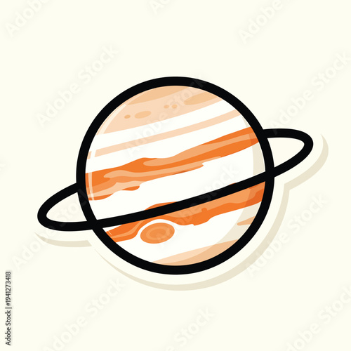 A cartoon depiction of a striped planet with a black ring and border, possibly representing Jupiter. Presented on a cream background