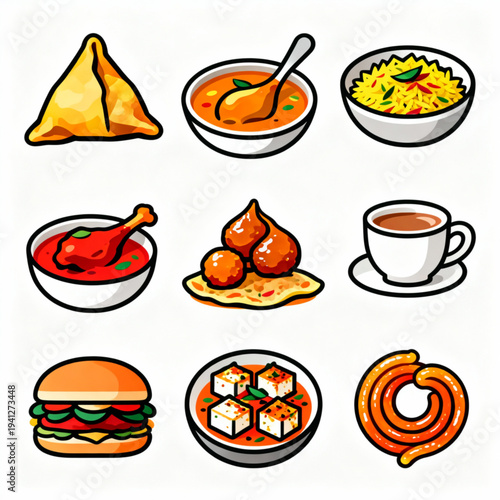 Indian Food Icon Set - 9 Flat Vector Icons Pack (Samosa, Butter Chicken, Biryani, Masala Dosa, Gulab Jamun, Chai, Vada Pav, Paneer Tikka, Jalebi)