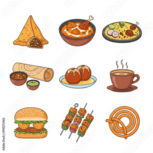 Indian Food Icon Set - 9 Flat Vector Icons Pack (Samosa, Butter Chicken, Biryani, Masala Dosa, Gulab Jamun, Chai, Vada Pav, Paneer Tikka, Jalebi)