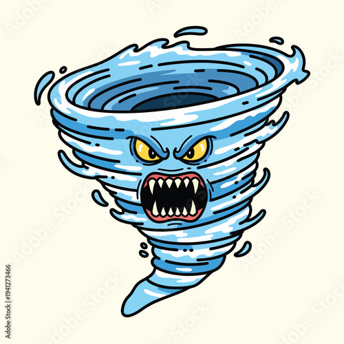 A cartoon depiction of a menacing, swirling vortex, complete with sharp teeth and yellow eyes on a cream backdrop