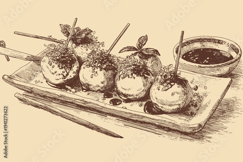 Japanese Takoyaki balls illustration in a vintage style. This vector illustration can be used in any size you like for advertising, logos, and other work.
