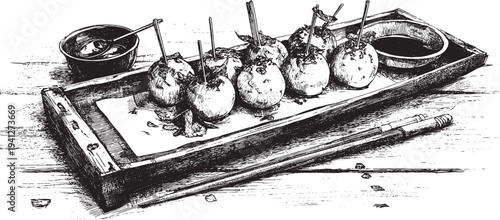 Japanese Takoyaki balls illustration on a white background. This vector illustration can be used in any size you like for advertising, logos, and other work.
