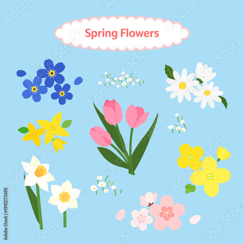 심플 플랫 봄 꽃 디자인 요소 세트