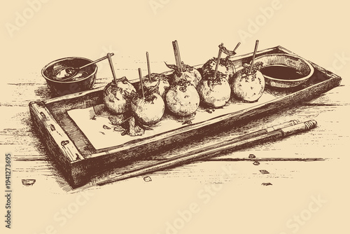 Japanese Takoyaki balls illustration in a vintage style. This vector illustration can be used in any size you like for advertising, logos, and other work.
