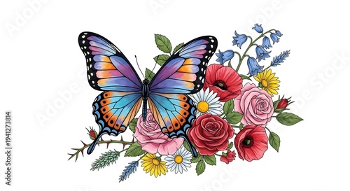 Spring Butterfly Floral Illustration for Fashion T-Shirt Design