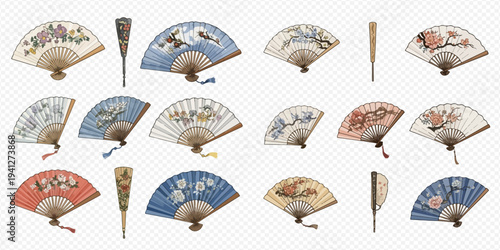 Set of traditional Japanese folding fans with various floral and nature-inspired patterns, showcasing Asian culture and decorative art.