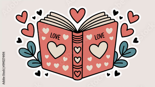 Open book with heart designs and 'love' text surrounded by hearts and leaves on pink background
