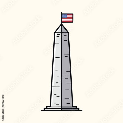 A cartoon depiction of a tall, stone obelisk with an American flag atop, illustrated in a clean, graphic style