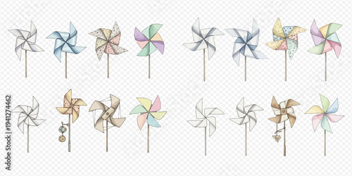 Set of watercolor pinwheels in various pastel colors and designs, perfect for decorative elements.