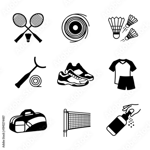 Badminton Equipment Icon Set - Black Monochrome Vector Sports Elements
