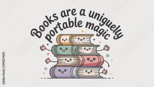 Smiling books with flowers and quote about portable magic on gray background