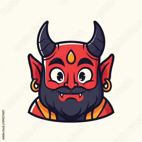 A cartoon devil's head, red face, black beard, horns, and ear piercings against a cream background. Simple, bold design