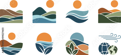 Set of 8 eco friendly landscape icons vector