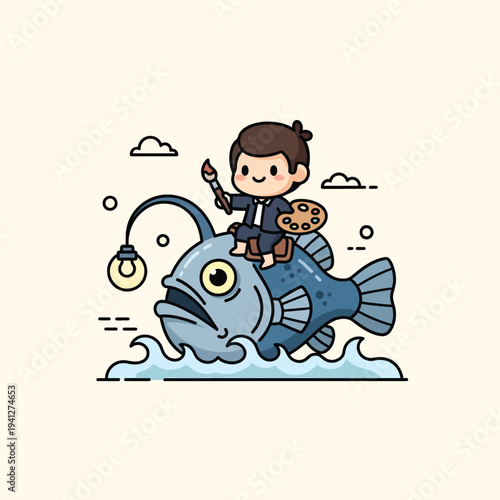 A cartoon depicts a cheerful person in a suit, riding an anglerfish and painting. The image is minimalist with ocean waves, clouds and bubbles