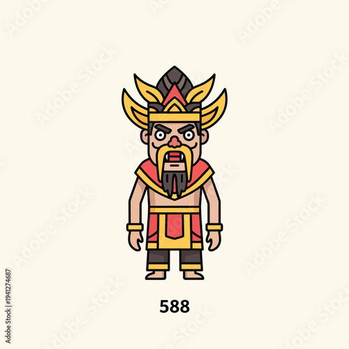 A cartoon figure of a character, featuring a tall headdress, stern expression, long beard, and stylized attire against a cream background