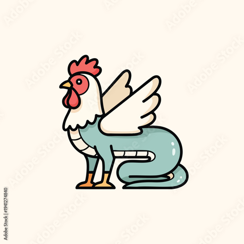 A cartoon hybrid creature, merging avian and reptilian features. A rooster's head sits atop a serpentine body, complemented by wings. The image is on an off-white background