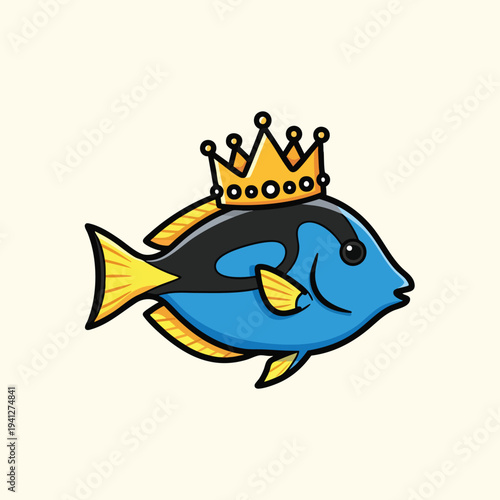 A cartoon depiction of a royal blue fish wearing a gold crown with black outlining on a light beige background