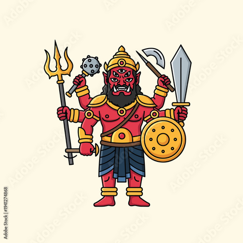 A cartoon depiction of a multi-armed figure with a red complexion, wearing ornate gold accents. The figure stands holding various weapons