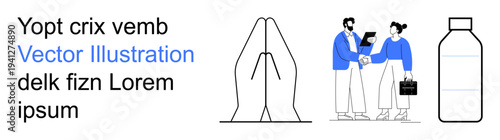 Business communication, corporate interaction, recycling, sustainability, eco-awareness, modern visuals. Business people shaking hands, plastic bottle abstract line art. Business communication