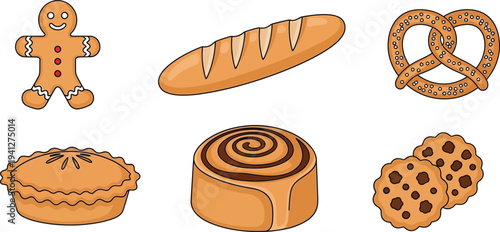Collection of various baked goods and desserts presented in a cute flat cartoon vector style perfect for bakery menus or sweet treat concepts