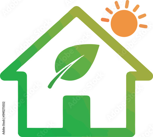 Vector eco house icon with leaf and sun
