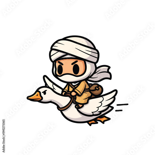 A cartoon figure, wearing a head wrap and robes, rides a goose through the air. The goose has a determined look. Lines suggest motion
