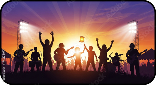 Silhouette of a lively music festival crowd dancing at sunset with stage lights